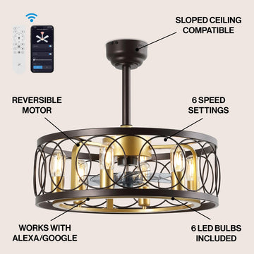 Celeste 21.6" 6-Light Industrial Farmhouse 6-Speed Metal Mobile-App/Remote-Controlled Caged LED Ceiling Fan - JONATHAN Y